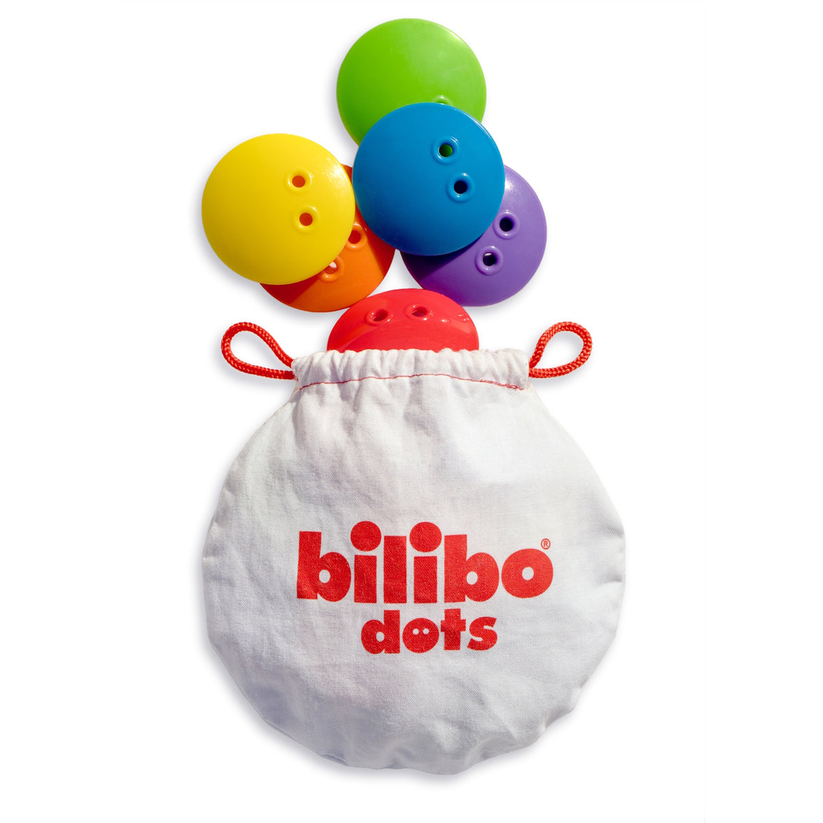 Bilibo dots set includes a white drawstring pouch and seven colorful buttons (red, orange, yellow, green, blue, purple) with holes.