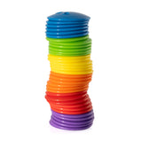 Stack of colorful Bilibo Game Buttons in blue, green, yellow, orange, red, and purple on a white background.