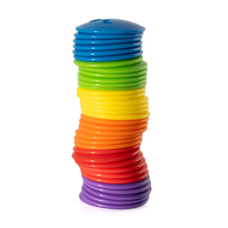 Stack of colorful Bilibo Game Buttons in blue, green, yellow, orange, red, and purple on a white background.