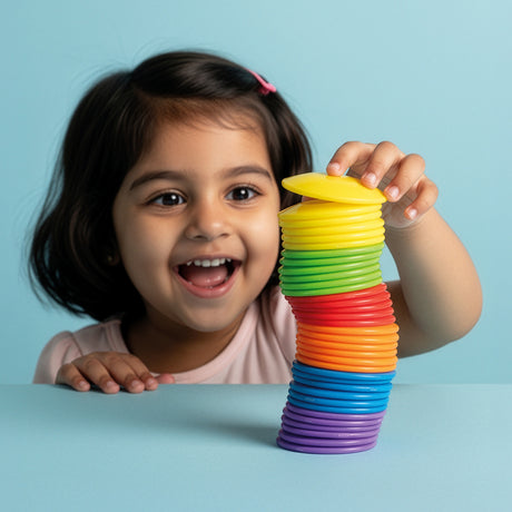 A smiling young girl stacking a tall, colorful tower of Bilibo Game Pix disks against a light blue background.