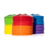 Three stacks of colorful Bilibo Game Beads in red, orange, blue, purple, green, and yellow on a white background.