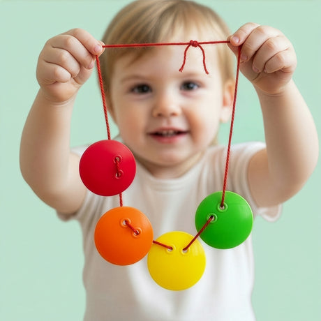 Toddler holding a string of colorful Bilibo Game Buttons for threading and fine motor skills development.