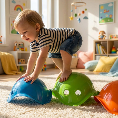 Toddler playing on colorful blue, green, and orange Bilibo seats on a rug in a bright, sunlit playroom.