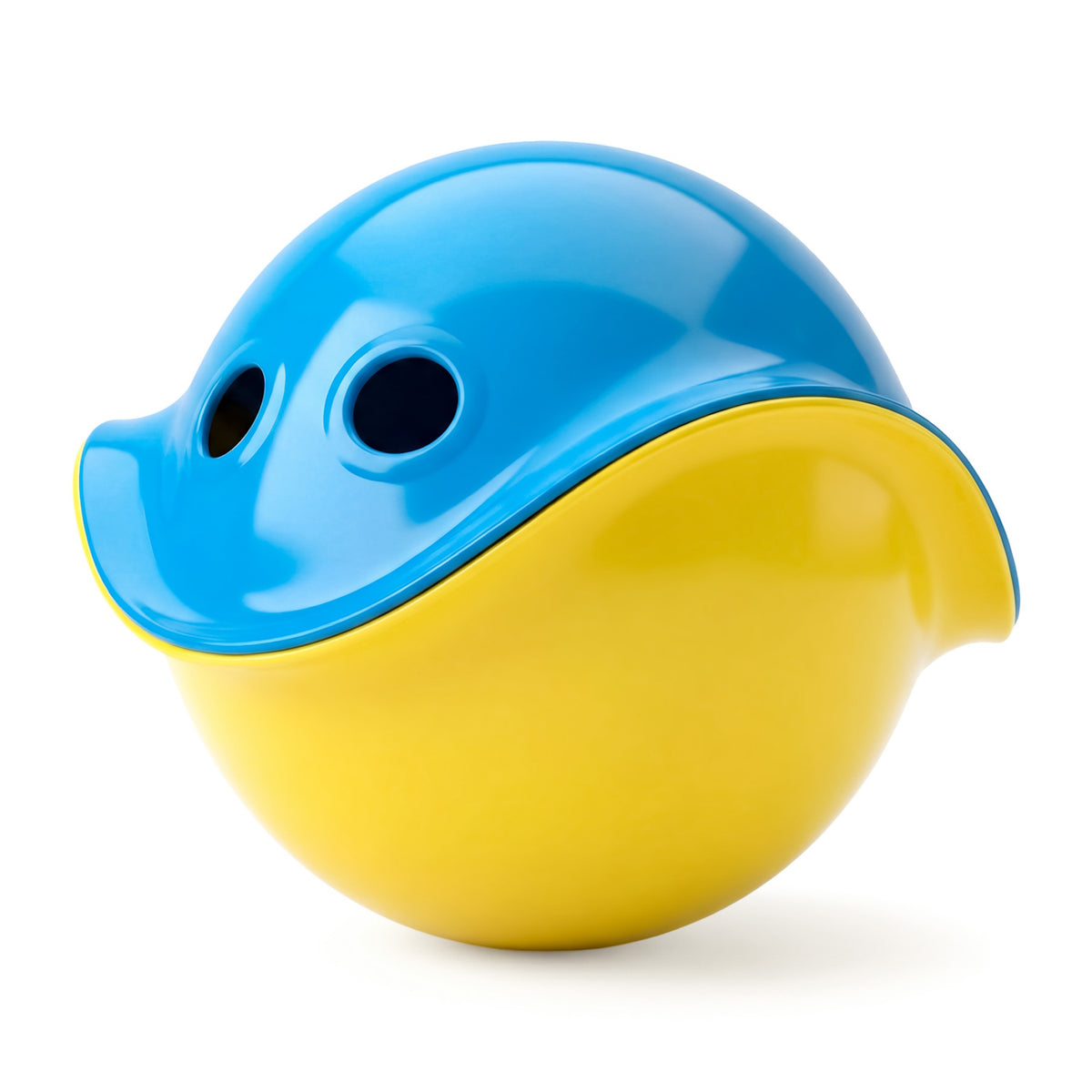 Side view of blue and yellow Bilibo open-ended toys stacked together to resemble a smiling face on a white background.