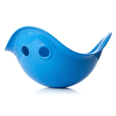 A bright blue Bilibo Midi toy for kids, featuring its iconic shell shape and two circular eye-like holes for creative play.
