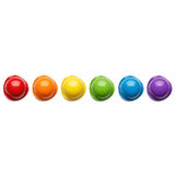 Top view of six Moluk Bilibo Mini shells in a rainbow row: red, orange, yellow, green, blue, and purple sensory toys.