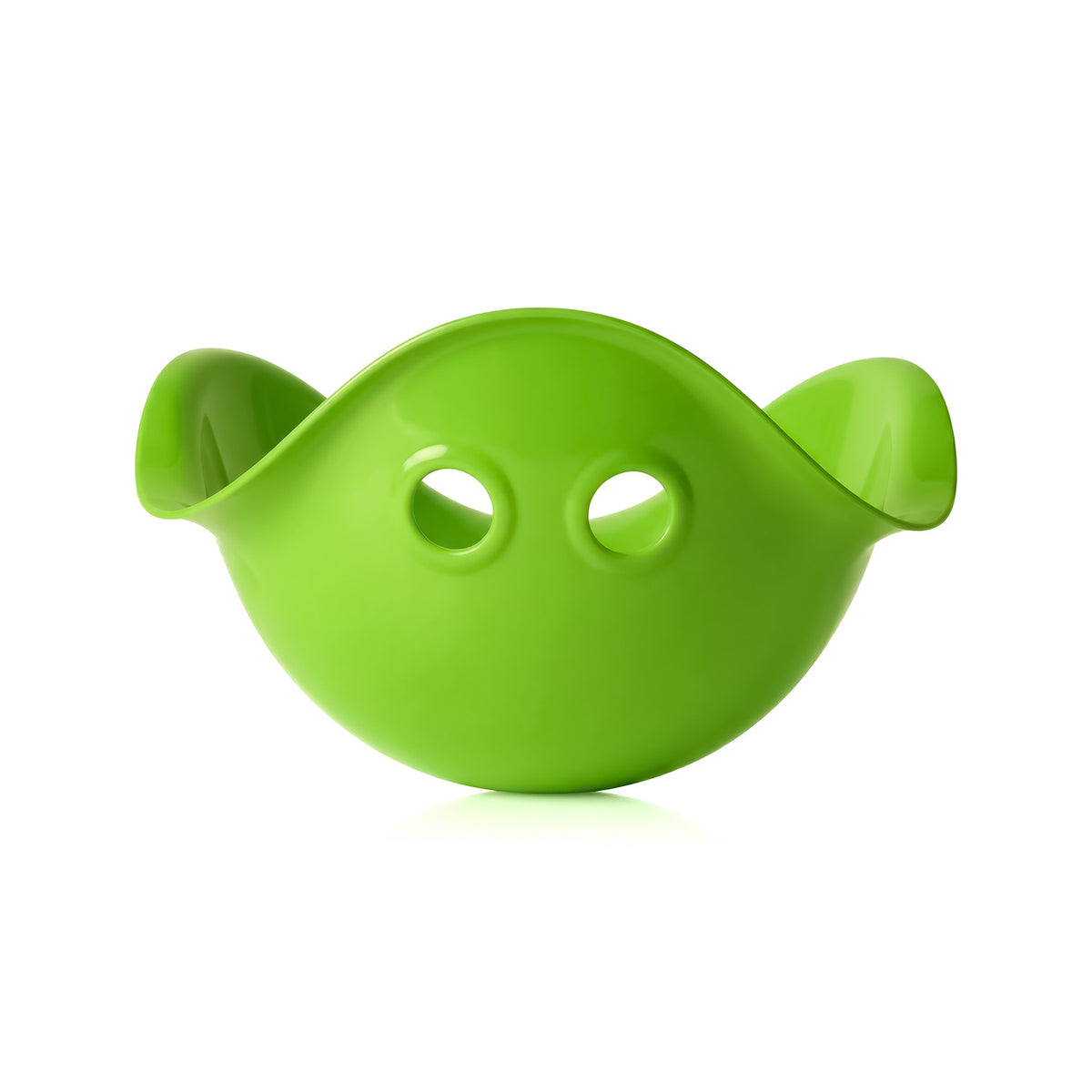 A bright green Bilibo Midi toy for kids with a wide, shell-like shape and two circular eye-like holes on a white background.