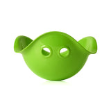 A bright green Bilibo Midi toy for kids with a wide, shell-like shape and two circular eye-like holes on a white background.