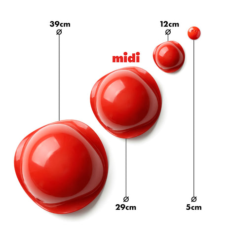 Bilibo size comparison chart showing diameters for original (39cm), midi (29cm), mini (12cm), and dots (5cm) in red.