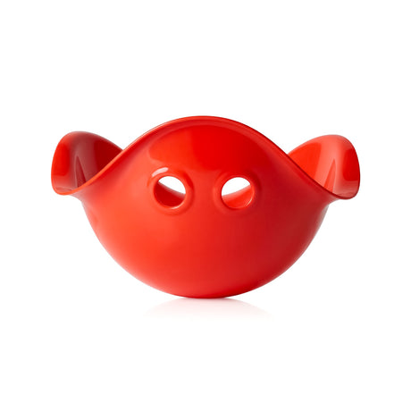 Red Bilibo open-ended toy shell for kids, featuring iconic wave shape and two holes for creative sensory play.