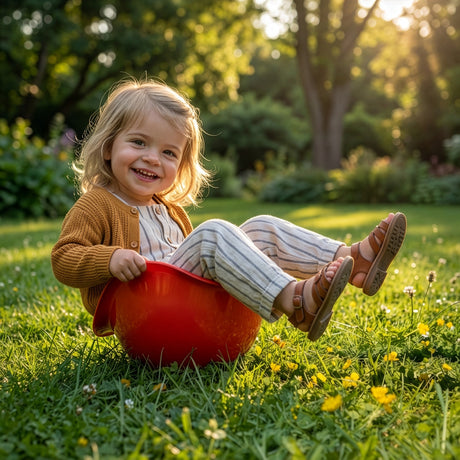 A happy toddler sits in a red bowl in a sunlit garden, wearing a mustard sweater and striped pants.