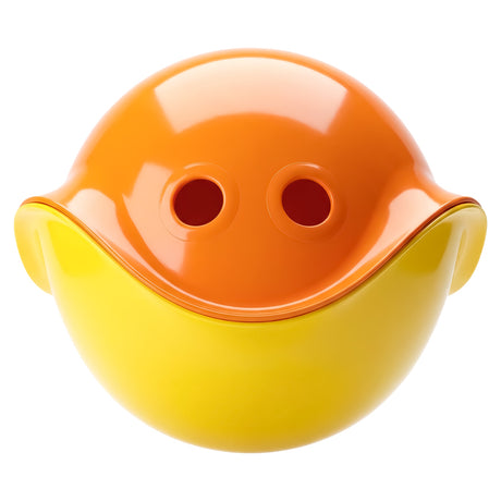 Two Bilibo Mini toys in orange and yellow, stacked to form a smiling face with two circular eye holes on a white background.