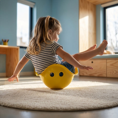 Young girl spinning in a yellow Bilibo toy on a white rug in a sunlit playroom.