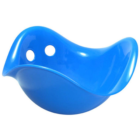 Bright blue Bilibo sensory toy, a shell-shaped plastic seat with two circular holes for open-ended creative play.