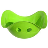 Lime green Bilibo toy open shell sitting bowl with peek holes, a multi-use sensory toy for creative play on white background.