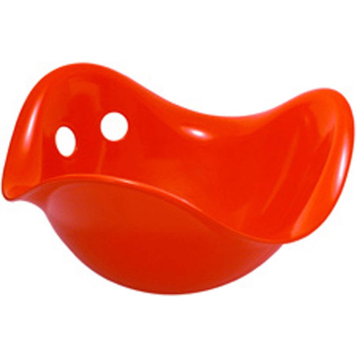 Bright red Bilibo sensory toy shell for kids. Durable plastic rocking bowl for active, imaginative play on white background.
