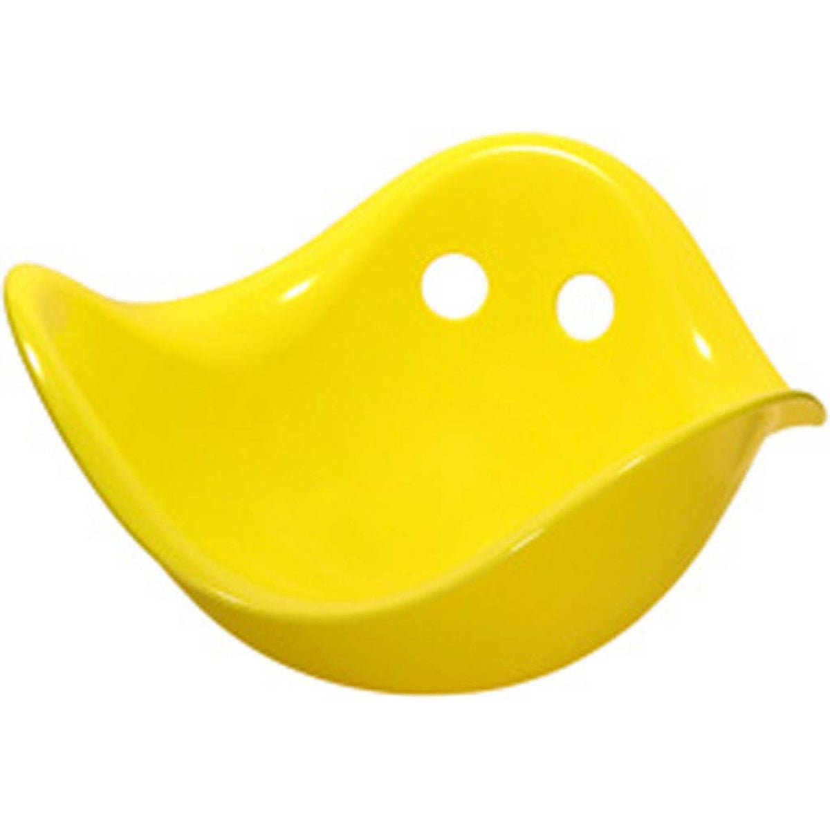 Yellow Bilibo sensory toy for kids, featuring a shell-shaped design with two holes, ideal for open-ended creative play.
