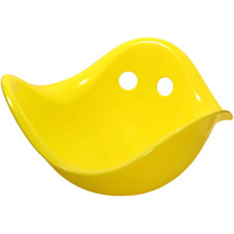 Yellow Bilibo sensory toy for kids, featuring a shell-shaped design with two holes, ideal for open-ended creative play.