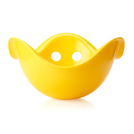 Yellow Bilibo open-ended toy in bright sun yellow with iconic shell shape and two peek-a-boo holes on a white background.