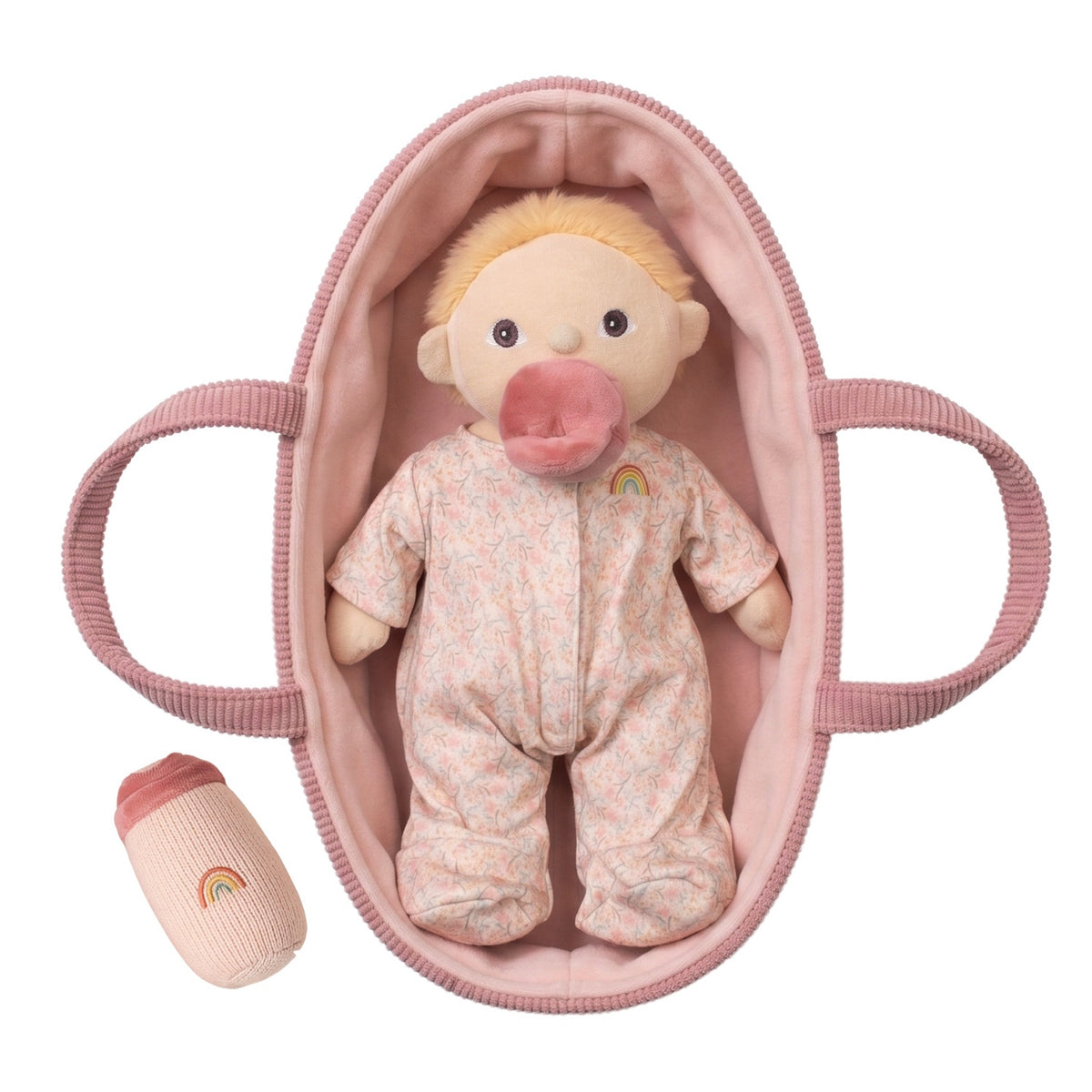 Olli Ella Dinky Dinkum Moppet doll with binky in a pink floral romper and matching bassinet.