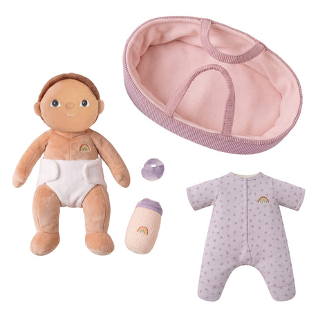 Olli Ella Dinkum Doll Pip set with plush baby doll, diaper, bassinet, pacifier, bottle, and onesie.