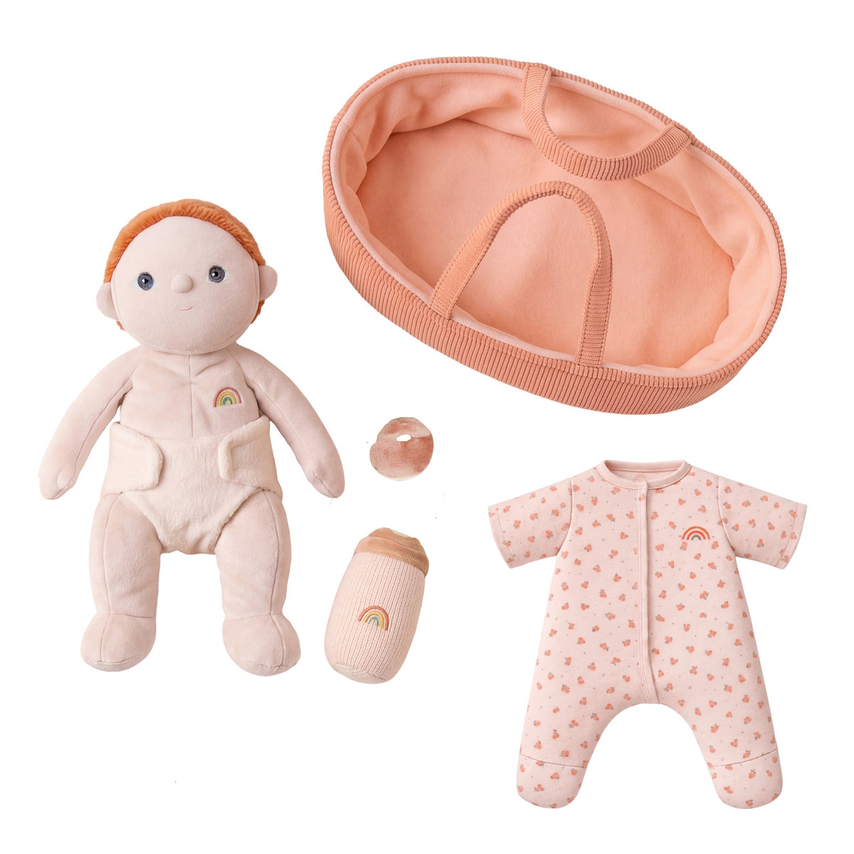 Plush baby doll set with a fabric bassinet, patterned onesie, bottle, and pacifier accessories.