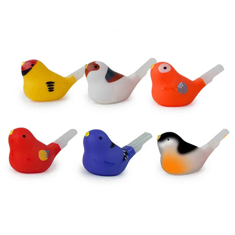 Toy bird whistles in bright colors: yellow, white, orange, red, blue, and black. Each bird is cartoonish, with a playful and cheerful design.