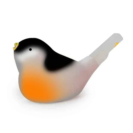 A stylized bird-shaped whistle with a black head, white cheek, and orange breast, featuring a simplified form and open beak, conveying a playful tone.