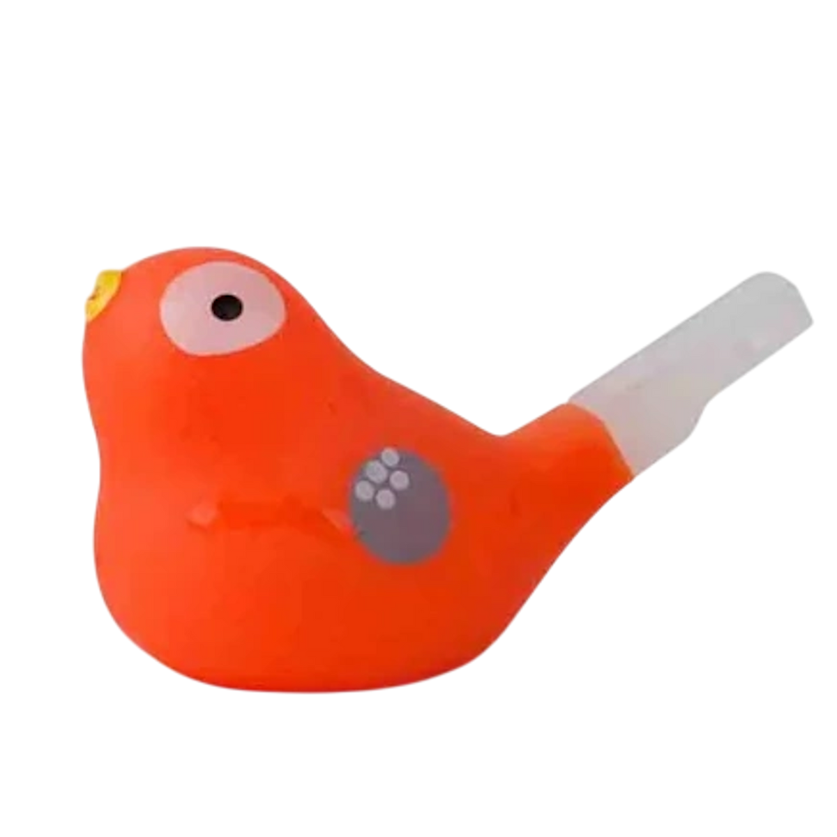 Bright orange bird-shaped whistle with a wide beak, white eye, and small wing detail. It has a white mouthpiece, set against a white background.
