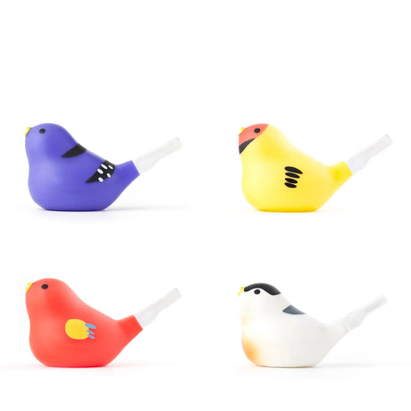 Four colorful bird-shaped whistles on a white background. Birds are purple, yellow, red, and white, each with unique markings and a playful tone.