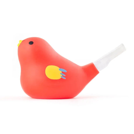 Red bird-shaped whistle with a yellow beak, yellow and blue wing, and a clear spout tail. The design is playful and colorful, set against a plain white background.