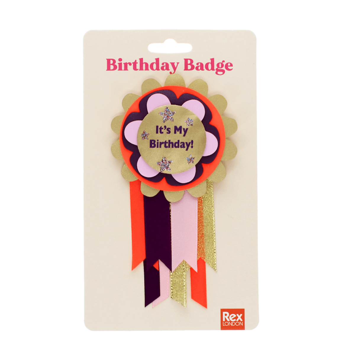 "It's My Birthday!" rosette badge with ribbons packaged on a cream Rex London display card.