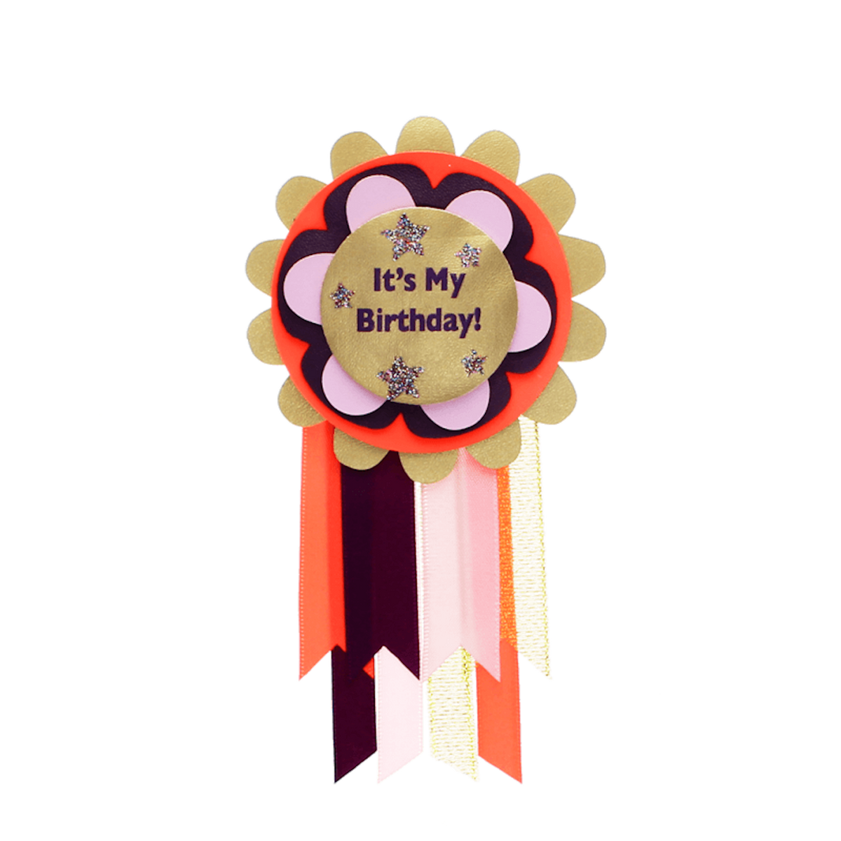 "It's My Birthday!" rosette badge with colorful layered scalloped trim and hanging ribbons.