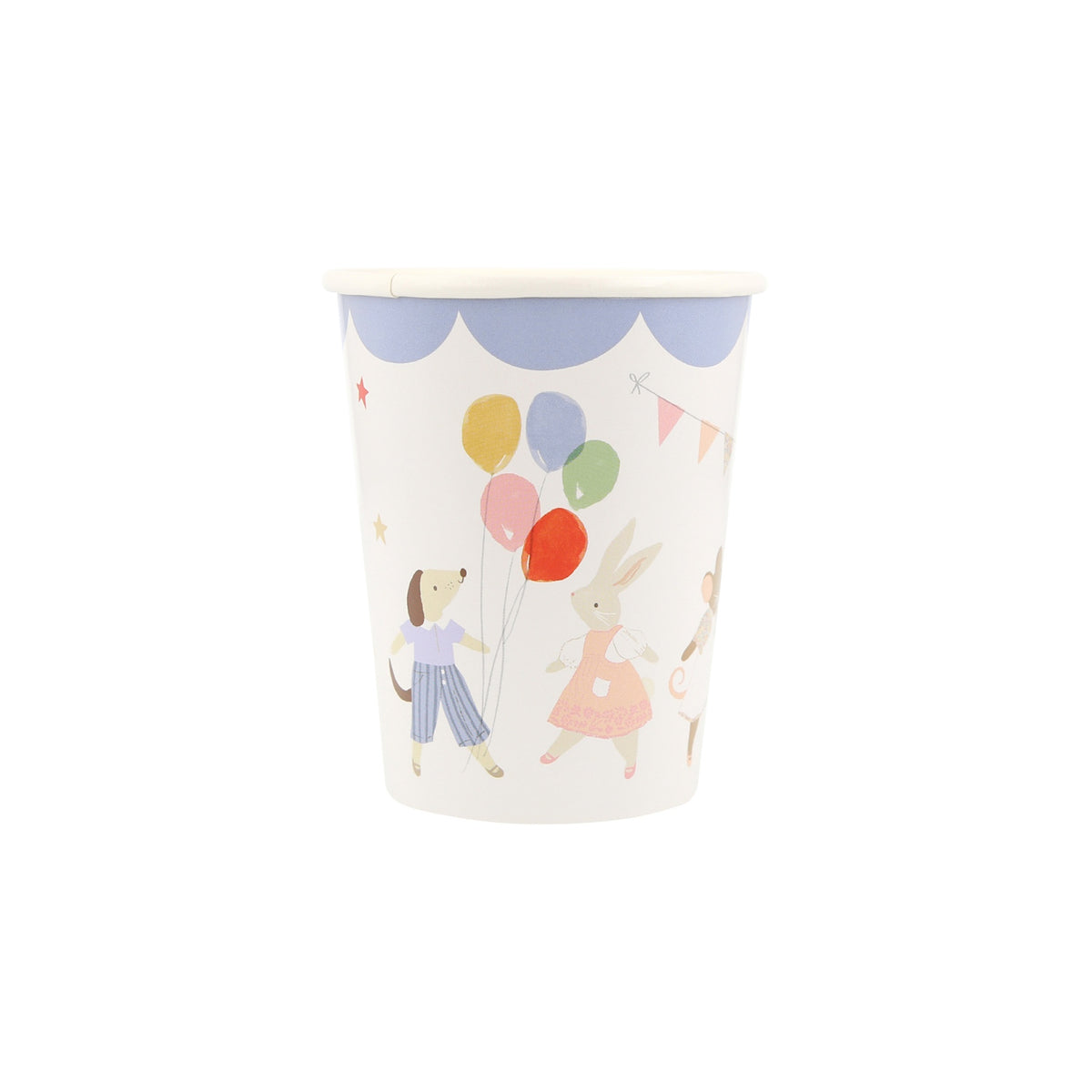 Paper party cup featuring an illustration of a dog and a rabbit with colorful birthday balloons.