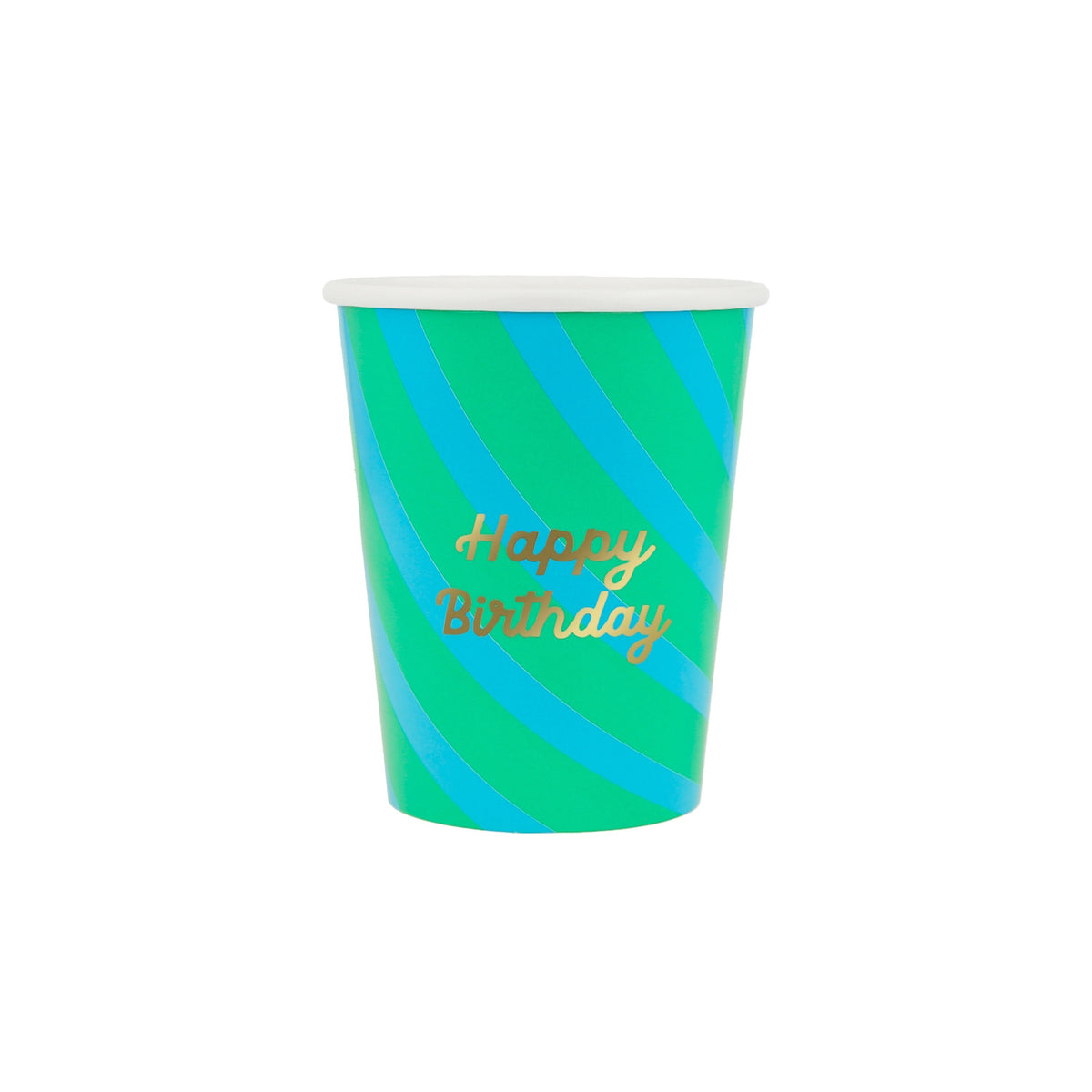 Green and blue striped paper party cup with "Happy Birthday" written in gold script.