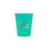 Green and blue striped paper party cup with "Happy Birthday" written in gold script.