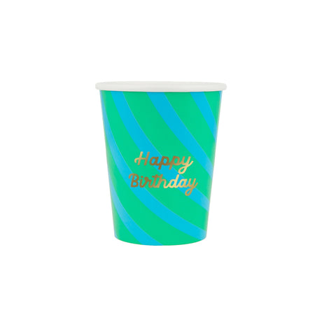 Green and blue striped paper party cup with "Happy Birthday" written in gold script.