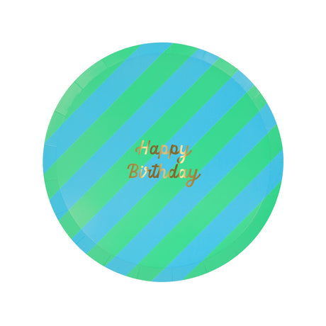 Round paper plate with green and blue diagonal stripes and gold "Happy Birthday" text in the center.