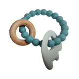 Blue silicone and wooden baby elephant teether beads shown at a slight angle.