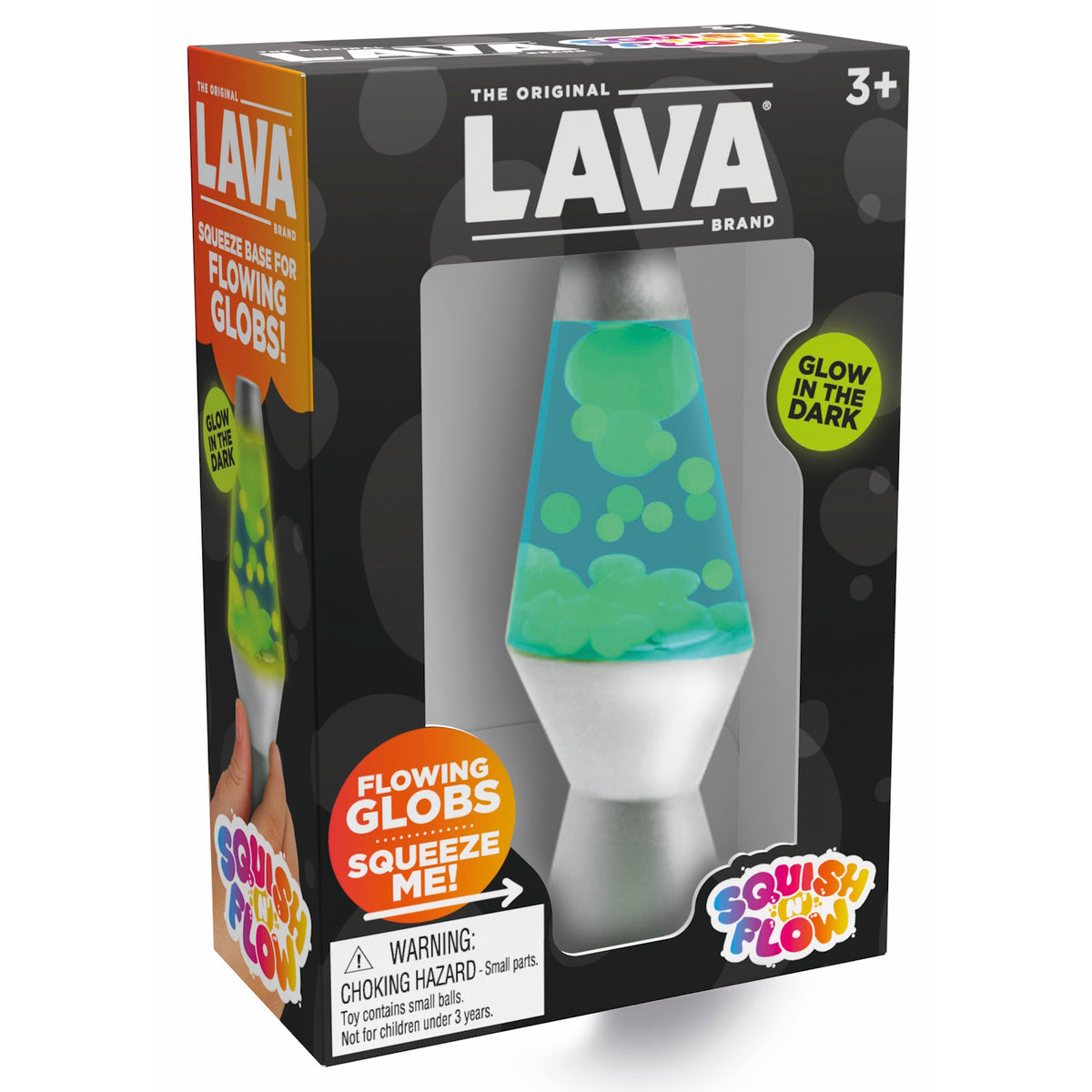 The Original Lava Brand Squish 'N' Flow toy in green and blue. Glow-in-the-dark sensory squeeze bottle for kids.