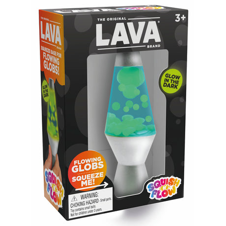 The Original Lava Brand Squish 'N' Flow toy in green and blue. Glow-in-the-dark sensory squeeze bottle for kids.