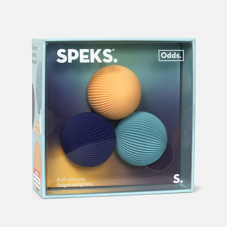 Speks Odds box containing three ridged silicone fidget magnets in yellow, navy blue, and teal.