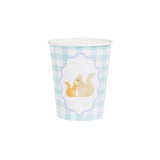 A light blue gingham paper cup featuring a central frame with two illustrated squirrels.