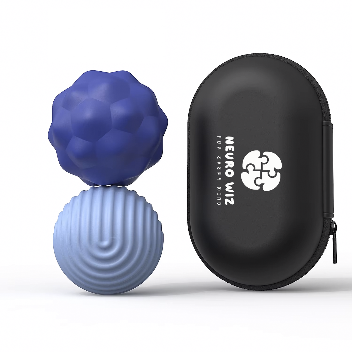 Two blue textured sensory balls stacked next to a black oval case printed with "NEURO WIZ".