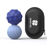 Two blue textured sensory balls stacked next to a black oval case printed with "NEURO WIZ".