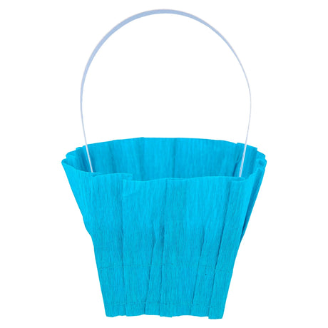 Blue ruffled crepe paper Easter basket with a white handle, ideal for spring treats and party favors.