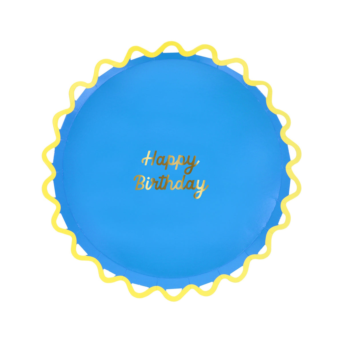 Blue Happy Birthday paper plate with a yellow wiggle edge. Meri Meri party supplies for birthday celebrations.