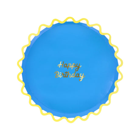 Blue Happy Birthday paper plate with a yellow wiggle edge. Meri Meri party supplies for birthday celebrations.