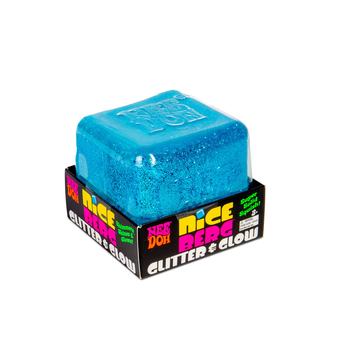 Blue glitter NeeDoh Niceberg in packaging, a glow-in-the-dark ice cube stress ball and squishy sensory fidget toy.