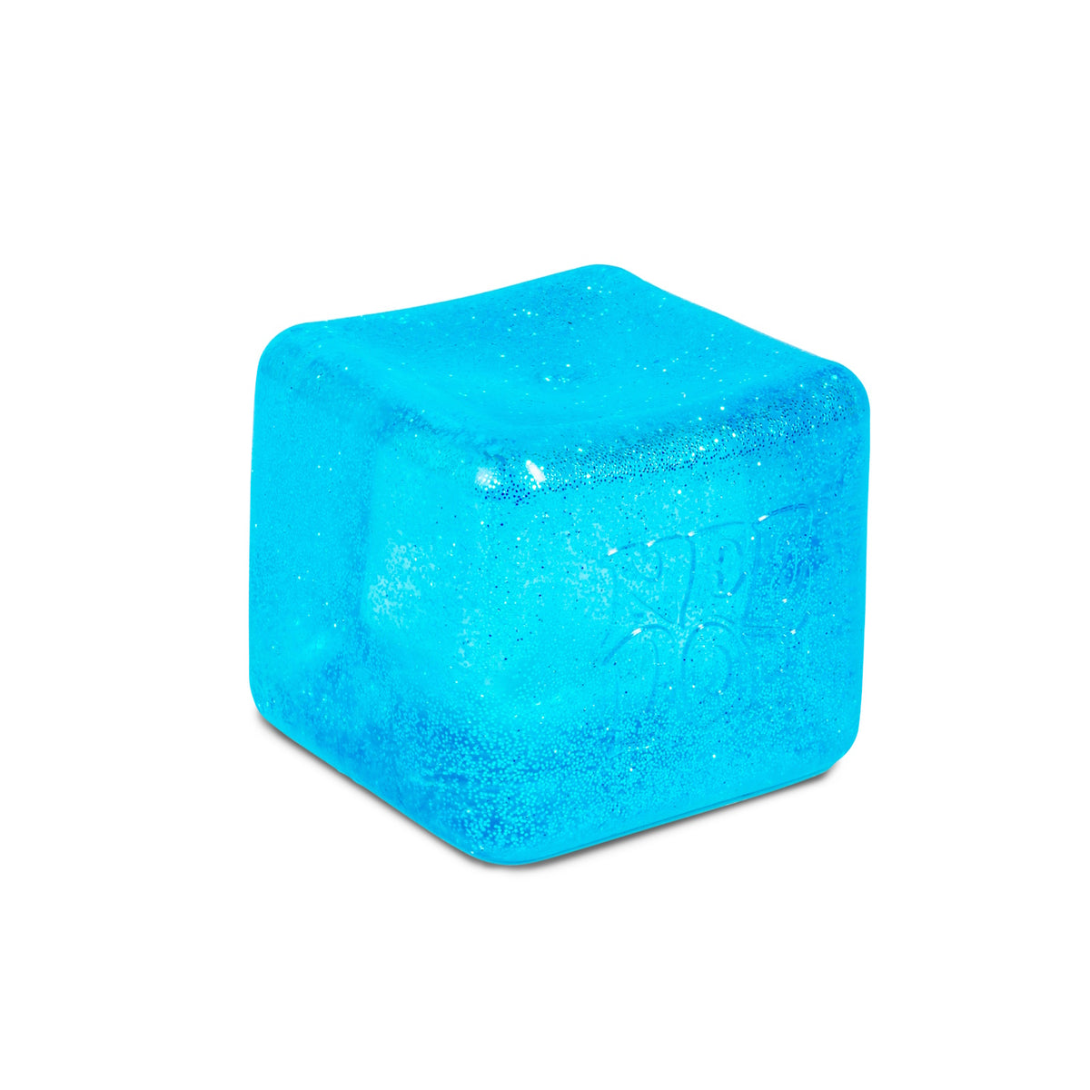 Blue Schylling NeeDoh Nice Berg Glitter & Glow squishy fidget toy in a sparkly ice cube shape on a white background.
